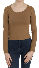 GF Ferre Brown Long Round Neck Sleeve Fitted Shirt Tops Blouse -   -  GF Ferre.